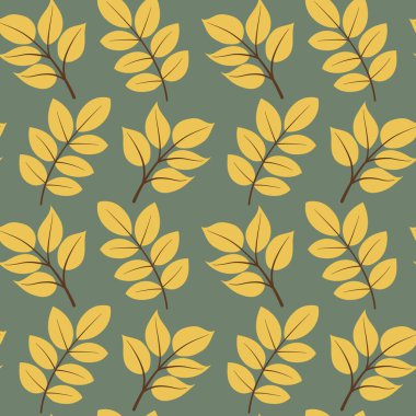 Sonbahar, yeşil arka planda sıcak sonbahar renklerinde pürüzsüz desen bırakır. Sezon tasarımı, ambalaj, tekstil, ambalaj kağıdı, duvar kağıdı, Şükran Günü ve hasat festivali dekorasyonu için sonbahar yaprakları.