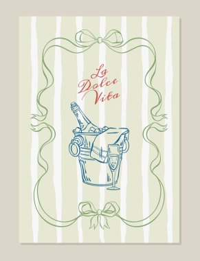 El yapımı La Dolce Vita kartında buz kovasında şampanya var. Düğün davetiyesi olarak coquette kurdele çerçeveli İtalyan tuhaf vektör illüstrasyonu, tarih, kart, poster, kartpostal kaydet.