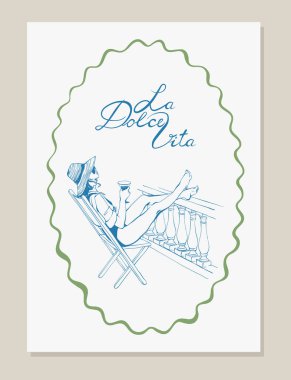 La Dolce Vita el çizimi kart, içinde kadın posteri ve şarap olan tuhaf bir Akdeniz tarzı. Kıyı İtalya yaz tatili illüstrasyonunda güneşlenen kız kartpostal, baskı, pul, parti davetiyesi