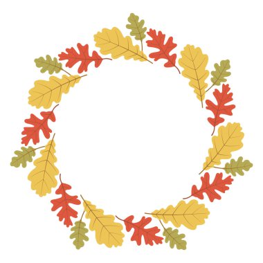 Meşe yapraklı sonbahar çelengi. Sonbahar yaprağı yuvarlak çerçevesi. Sonbahar renklerinde çelenk sonbahar tebrik kartı, davetiye, kartpostal, poster, Şükran Günü ve Cadılar Bayramı tasarımı için..