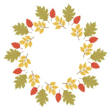 Meşe yapraklı sonbahar çelengi. Sonbahar yaprağı yuvarlak çerçevesi. Sonbahar renklerinde çelenk sonbahar tebrik kartı, davetiye, kartpostal, poster, Şükran Günü ve Cadılar Bayramı tasarımı için..