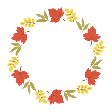 Sonbahar yapraklı çelenk. Sonbahar yaprağı yuvarlak çerçevesi. Sonbahar renklerinde çelenk sonbahar tebrik kartı, davetiye, kartpostal, poster, Şükran Günü ve Cadılar Bayramı tasarımı için..