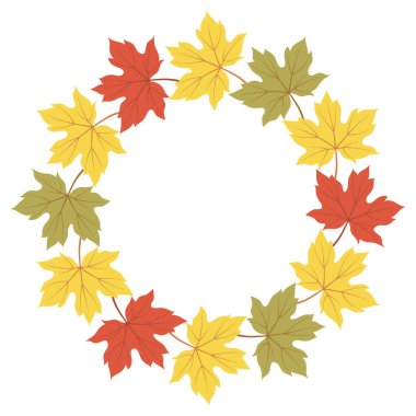 Sonbahar yapraklı çelenk. Sonbahar üzüm yaprağı yuvarlak çerçevesi. Sonbahar renklerinde çelenk sonbahar tebrik kartı, davetiye, kartpostal, poster, Şükran Günü ve Cadılar Bayramı tasarımı için..
