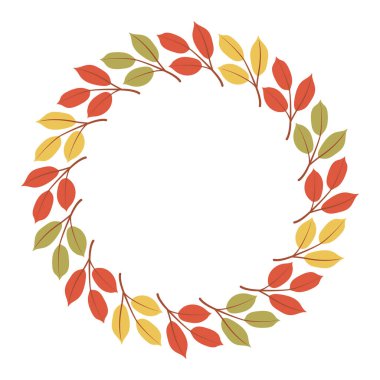 Sonbahar yapraklı çelenk. Sonbahar yaprağı yuvarlak çerçevesi. Sonbahar mevsimi tebrik kartı, davetiye, kartpostal, poster, Şükran Günü ve Cadılar Bayramı tasarımı için sade renkli çelenk..