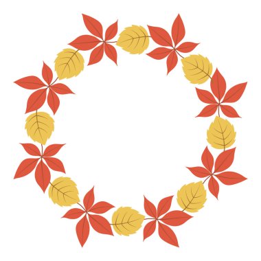 Sonbahar yapraklı çelenk. Sonbahar yaprağı yuvarlak çerçevesi. Sonbahar mevsimi tebrik kartı, davetiye, kartpostal, poster, Şükran Günü ve Cadılar Bayramı tasarımı için sade renkli çelenk..