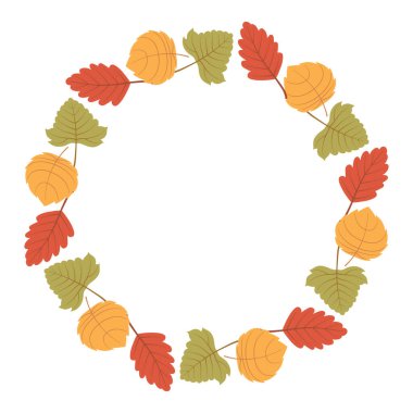 Sonbahar yapraklı çelenk. Sonbahar yaprağı yuvarlak çerçevesi. Sonbahar mevsimi tebrik kartı, davetiye, kartpostal, poster, Şükran Günü ve Cadılar Bayramı tasarımı için sade renkli çelenk..