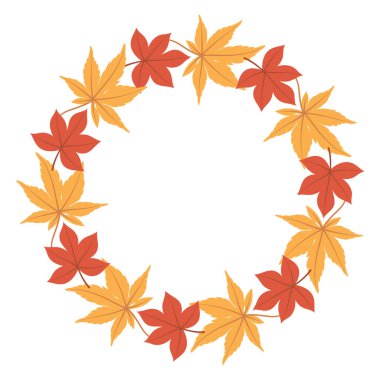 Sonbahar yapraklı çelenk. Sonbahar akçaağaç yaprağı yuvarlak çerçevesi. Sonbahar mevsimi tebrik kartı, davetiye, kartpostal, poster, Şükran Günü ve Cadılar Bayramı tasarımı için sade renkli çelenk..