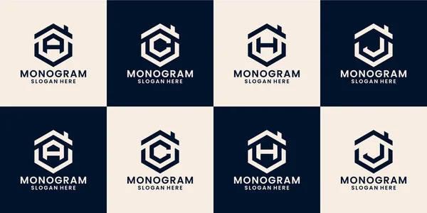 Hexagonal Monogram Rooftop Logo Design Combination — Stock Vector