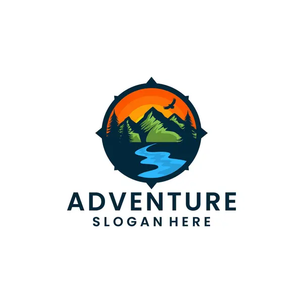 屋外の冒険のロゴの設計のための川そしてヤシの木が付いている山のコンパス — ストックベクタ