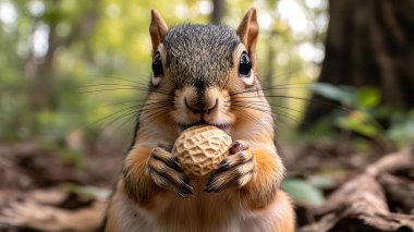 A European squirrel munches on a peanut in a forest, sitting upright with its fluffy tail wrapped around its body. Its bright eyes gleam with focus as it holds the peanut in its paws, savoring every bite.  clipart