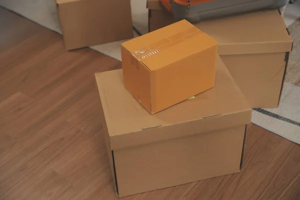 Beautiful Young Couple Love Having Fun Unpacking Things Cardboard Boxes — Stock Photo, Image