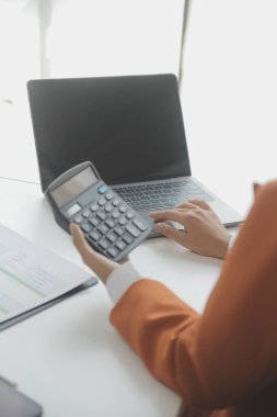 İş adamları gelir-gider hesapları yapıyor ve emlak yatırım verileri, Muhasebe Finans ve vergi sistemleri kavramını analiz ediyorlar.