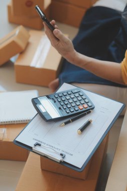 Kuruluş KOBİ küçük serbest Asyalı kadın girişimcisi kutulu bir dizüstü bilgisayar kullanarak neşeli Asyalı kadın elini online pazarlama kutusunu kaldırıyor ve KOBİ fikri sunuyor.