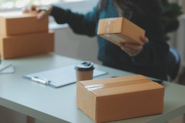 Kuruluş KOBİ küçük serbest Asyalı kadın girişimcisi kutulu bir dizüstü bilgisayar kullanarak neşeli Asyalı kadın elini online pazarlama kutusunu kaldırıyor ve KOBİ fikri sunuyor.