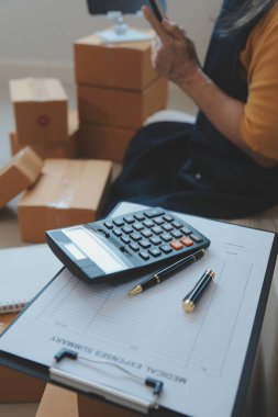 Kuruluş KOBİ küçük serbest Asyalı kadın girişimcisi kutulu bir dizüstü bilgisayar kullanarak neşeli Asyalı kadın elini online pazarlama kutusunu kaldırıyor ve KOBİ fikri sunuyor.