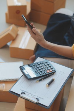 Kuruluş KOBİ küçük serbest Asyalı kadın girişimcisi kutulu bir dizüstü bilgisayar kullanarak neşeli Asyalı kadın elini online pazarlama kutusunu kaldırıyor ve KOBİ fikri sunuyor.