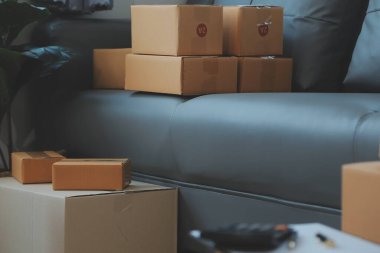 Startup SME small business entrepreneur of freelance Asian woman using a laptop with box Cheerful success Asian woman her hand lifts up online marketing packaging box and delivery SME idea concept