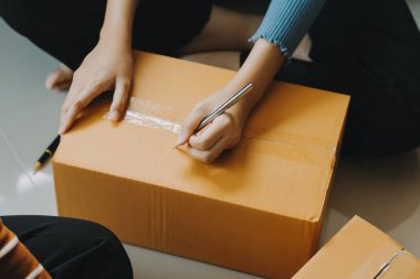 İş kadını küçük işletme girişimcisi KOBİ 'nin başarısını başlatır. Çevrimiçi Paket dağıtımı için evde çalışan serbest çalışan kadın. KOBİ ve ambalaj teslimat kavramı