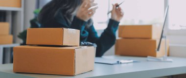 Kuruluş KOBİ küçük serbest Asyalı kadın girişimcisi kutulu bir dizüstü bilgisayar kullanarak neşeli Asyalı kadın elini online pazarlama kutusunu kaldırıyor ve KOBİ fikri sunuyor.