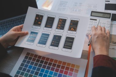 Model mobil uygulama ve web sitesi için UX UI tasarım süreci. Profesyonel uygulama geliştiricisi için kablo grafiğinin yaratıcı prototipi .