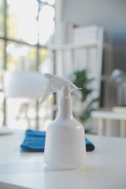 Bir kova ile Bayan temizlik ve zemin yıkama önce temizlik ürünleri.