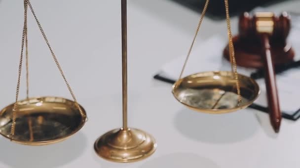 Golden Justice Scale Judge Gavel Justice Scales White Background — Stock Video