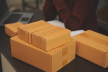 Ofis masasında çalışan Asyalı genç bir kadının portresi bilgisayar kopyalama alanı kullanıyor. Başarılı iş adamları çalışanı, serbest çalışan KOBİ evde online pazarlama işi, ortak çalışma alanı kavramı