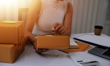 Ofis masasında çalışan Asyalı genç bir kadının portresi bilgisayar kopyalama alanı kullanıyor. Başarılı iş adamları çalışanı, serbest çalışan KOBİ evde online pazarlama işi, ortak çalışma alanı kavramı