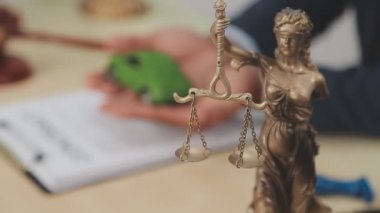 Hukuk kavramı. Yargıç Tokmak kitaplarla birlikte masada. Hukuk ve adalet teması. Hukuk ve Hukuk