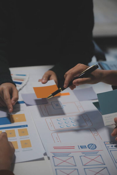 Professional interior designer at workplace in office, closeup