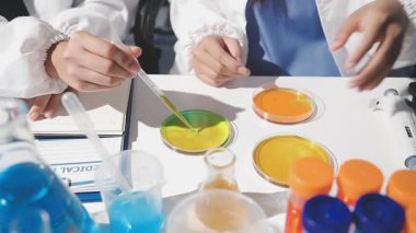 Laboratuvarda test tüpleri tutan kadın bilim adamlarının yakın görüntüsü. Bilim ve teknoloji