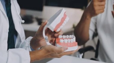 Diş sağlığı kliniğinin modelleriyle çalışan dişçilere yakın çekim