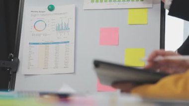 Ofisteki beyaz tahtaya yazı yazan iş kadını. iş kavramı