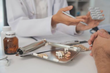 Healthcare service and pharmacy worker with customer at store counter for medication explanation. Pharmaceutical advice and opinion of pharmacist helping girl with medicine information.