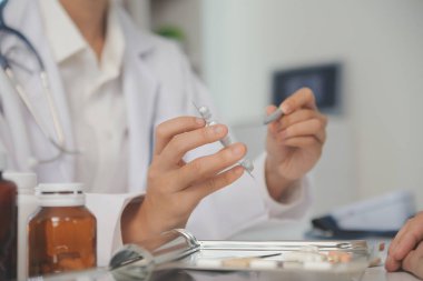 Healthcare service and pharmacy worker with customer at store counter for medication explanation. Pharmaceutical advice and opinion of pharmacist helping girl with medicine information.