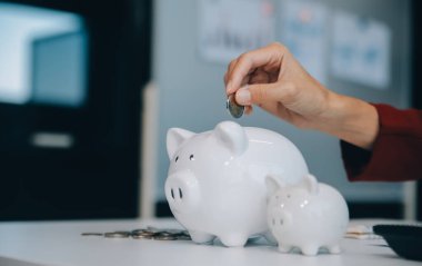 İş kadını domuz kumbarasından, hedeften, başarı grafiğinden ve oklardan tasarruf ediyor. Fon kredisi ve yatırım kârı. Sigorta, sağlık, eğitim, ev, araba, vergi, kredi için tasarruf kavramı