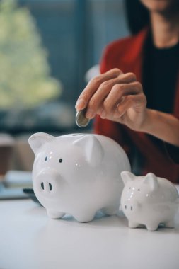 İş kadını domuz kumbarasından, hedeften, başarı grafiğinden ve oklardan tasarruf ediyor. Fon kredisi ve yatırım kârı. Sigorta, sağlık, eğitim, ev, araba, vergi, kredi için tasarruf kavramı