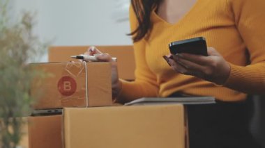 Odasındaki karton kutuların arasında genç bir Asyalı iş kadını, onun online satış ve nakliye işini temsil ediyor..