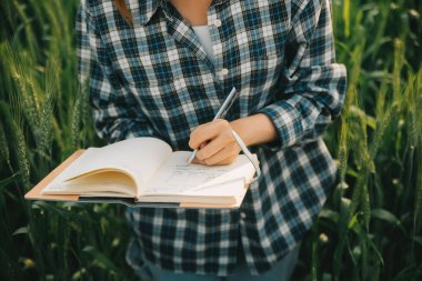 Smart farm. Farmer with tablet in the field. Agriculture, gardening or ecology concept. Harvesting. Agro business.
