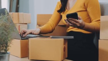İş kadını küçük işletme girişimcisi KOBİ 'nin başarısını başlatır. Çevrimiçi Paket dağıtımı için evde çalışan serbest çalışan kadın. KOBİ ve ambalaj dağıtım kavramı