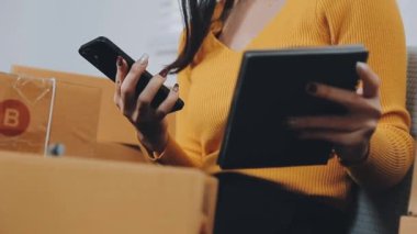 İş kadını küçük işletme girişimcisi KOBİ 'nin başarısını başlatır. Çevrimiçi Paket dağıtımı için evde çalışan serbest çalışan kadın. KOBİ ve ambalaj dağıtım kavramı