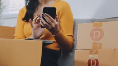 İş kadını küçük işletme girişimcisi KOBİ 'nin başarısını başlatır. Çevrimiçi Paket dağıtımı için evde çalışan serbest çalışan kadın. KOBİ ve ambalaj dağıtım kavramı