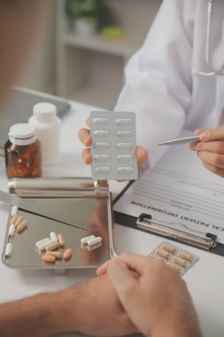 Healthcare service and pharmacy worker with customer at store counter for medication explanation. Pharmaceutical advice and opinion of pharmacist helping girl with medicine information.