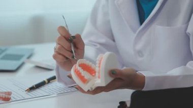 Diş hekimi, diş modelini, diş hijyenini, tablet x-ray teknolojisini, ortodontist uzmanı muayenehanesini inceleyen bir doktor.