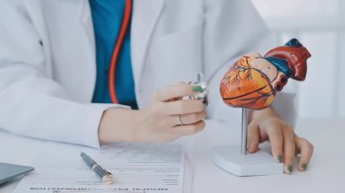 Doktor kalbi yaşlı bir hastaya detaylı bir kalp modeli kullanarak yapısını ve işlevini anlatıyor..