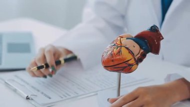 Doktor kalbi yaşlı bir hastaya detaylı bir kalp modeli kullanarak yapısını ve işlevini anlatıyor..