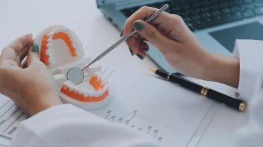 Çağdaş bir klinikte çalışan dişçi, hastaya dişsel prosedürleri gösteren detaylı bir diş modeli gösteriyor.