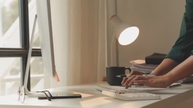 Genç Asyalı iş kadını modern ofis ortamında masa bilgisayarında çalışıyor.