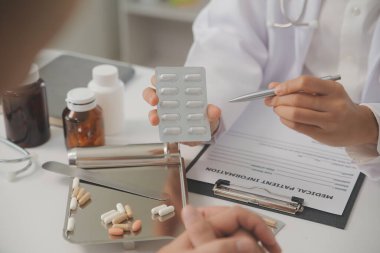 Healthcare service and pharmacy worker with customer at store counter for medication explanation. Pharmaceutical advice and opinion of pharmacist helping girl with medicine information.