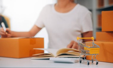 Başlangıçta küçük işletme girişimcisi KME, Asyalı kadın telefonla sipariş alıyor. Başarı genç Asyalı küçük işletme sahibi ev sahibi, çevrimiçi satış pazarlama teslimatı, KME e-ticaret tele pazarlama konsepti